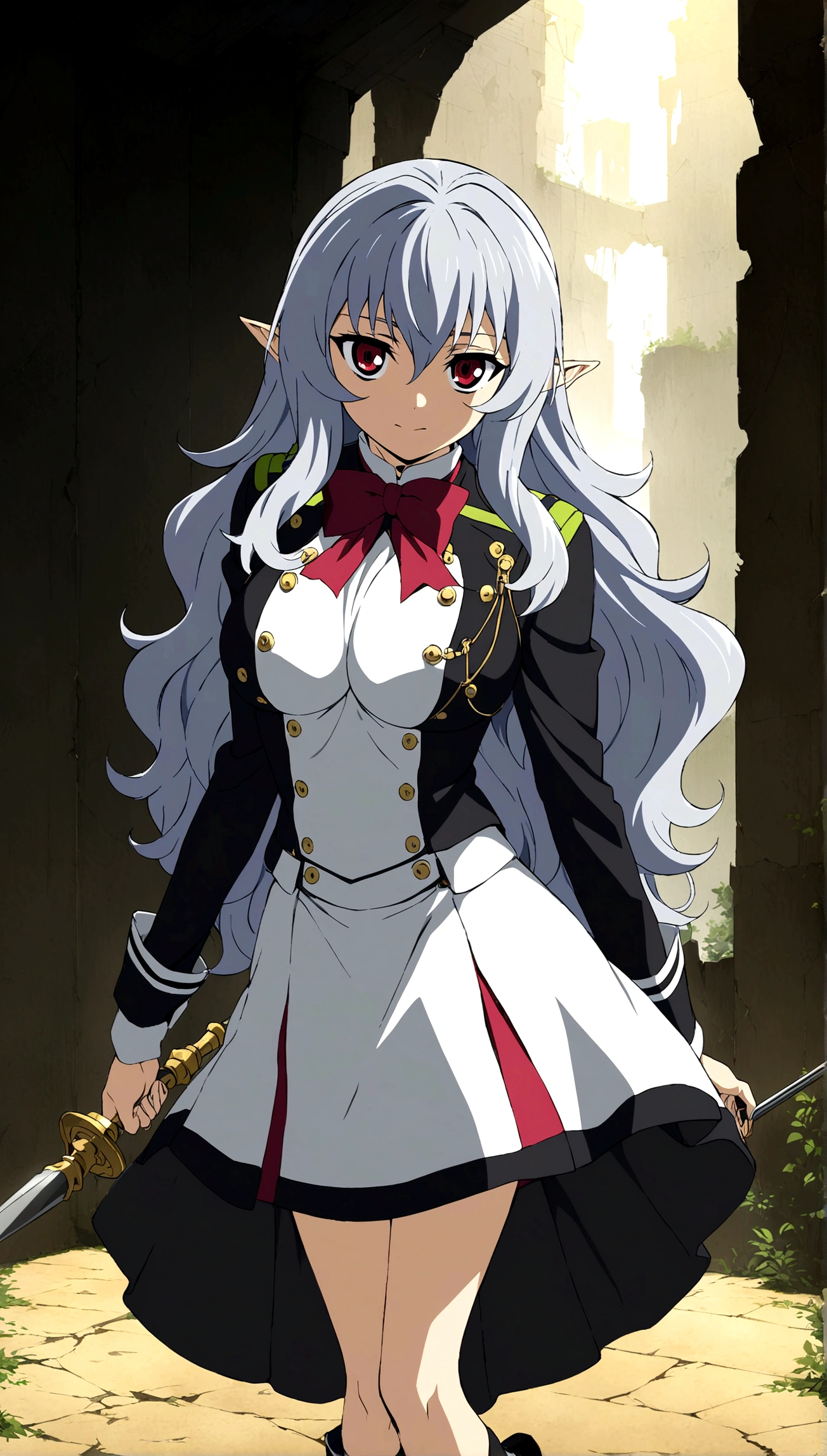 Anime. Owari no Seraph. 1 Girl. Dear . A vampire. Progenitor Clumsy. Silver hair. Wavy hair. Long hair. Red eyes. Beautiful eyes. Perfect eyes. Expressive eyes. Ideal face. Perfect body. Beautiful long ones. legs. Beautiful nose. 18 years. Big breasts. Standing. Full length Beautiful character design. Shiny skin. Pointy ears. White dress. Vampire uniform dress from
Owari no Seraph. Black stockings. Heeled shoes. Rapier in right hand. Ruins of Tokyo. Full body. NSWF. Official art. Extremely detailed CG Unity 8k wallpaper. Ideal lighting. Ultra high resolution 4K. Super detailed 8K. A high resolution.
