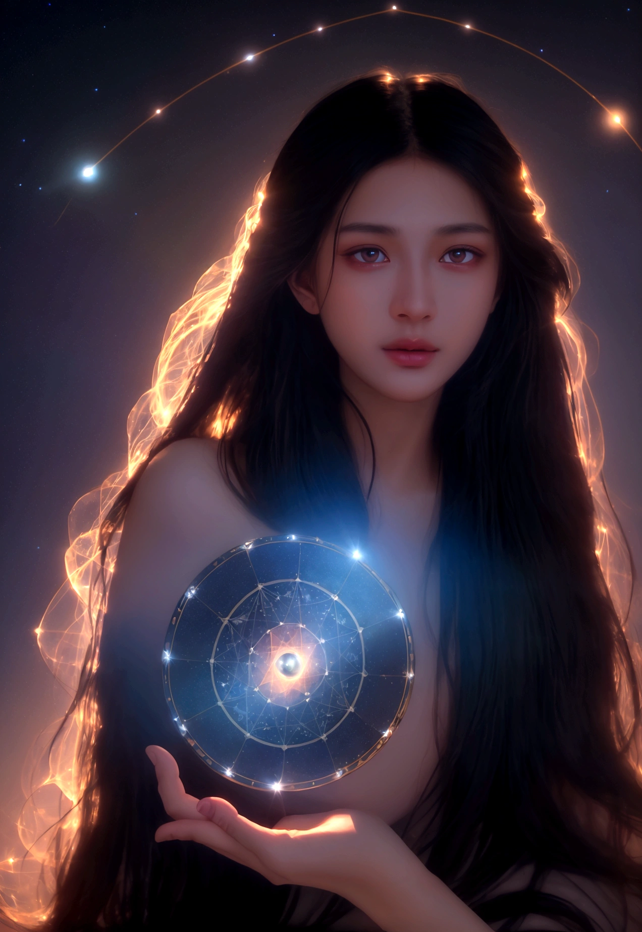 mysterious astrologer, Beautiful and delicate eyes, Beautiful and delicate lips, Extremely delicate face and skin, Flowing long hair, Complex celestial symbols, Hot cosmic energy, Detailed constellation maps and zodiac signs, (best quality,4K,8K,high resolution,masterpiece:1.2),Extremely detailed,(Practical,photoPractical,photo-Practical:1.37),Concept Art, Movie Lighting, vibrant color palette, Dramatic shadows, Ethereal atmosphere