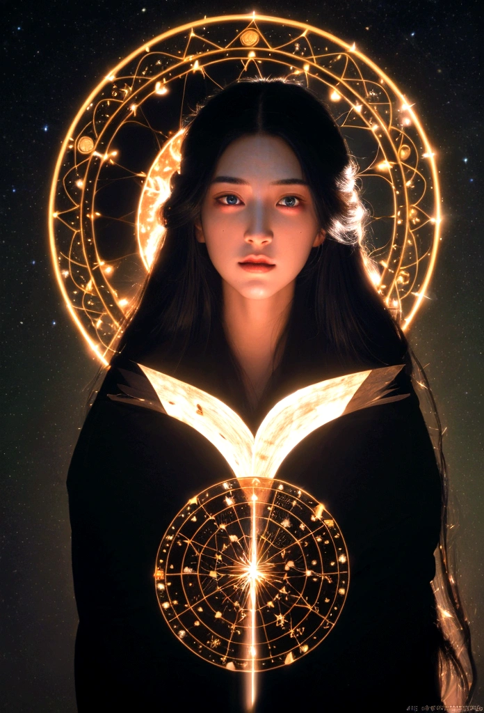 mysterious astrologer, Beautiful and delicate eyes, Beautiful and delicate lips, Extremely delicate face and skin, Flowing long hair, Complex celestial symbols, Hot cosmic energy, Detailed constellation maps and zodiac signs, (best quality,4K,8K,high resolution,masterpiece:1.2),Extremely detailed,(Practical,photoPractical,photo-Practical:1.37),Concept Art, Movie Lighting, vibrant color palette, Dramatic shadows, Ethereal atmosphere