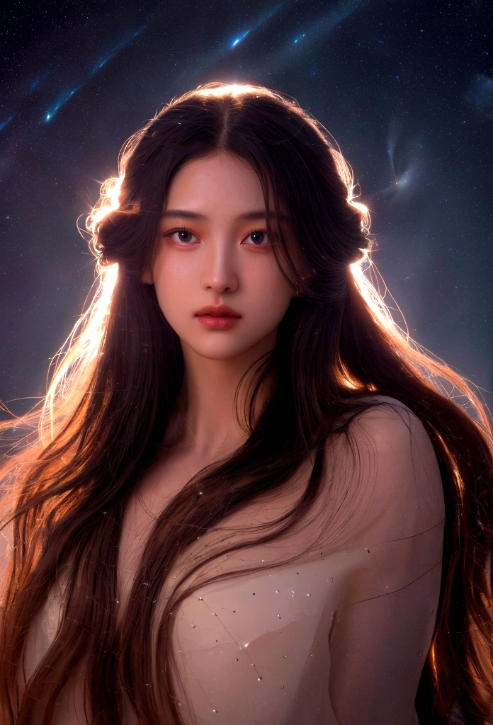 mysterious astrologer, Beautiful and delicate eyes, Beautiful and delicate lips, Extremely delicate face and skin, Flowing long hair, Complex celestial symbols, Hot cosmic energy, Detailed constellation maps and zodiac signs, (best quality,4K,8K,high resolution,masterpiece:1.2),Extremely detailed,(Practical,photoPractical,photo-Practical:1.37),Concept Art, Movie Lighting, vibrant color palette, Dramatic shadows, Ethereal atmosphere