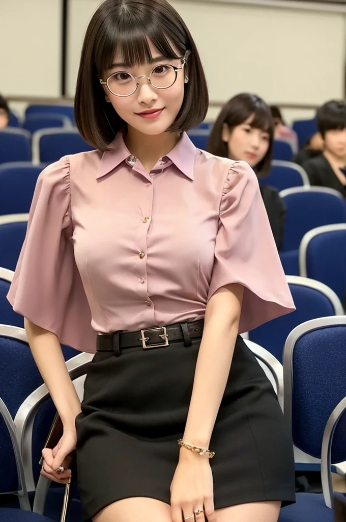 Adult feminine sex appeal、Sexy female scholar、University lecture hall, university psychology associate professor, ((full body)), ((photo)), ((best qualtiy, 8K, tmasterpiece:1.3)), Focus:1.2, perfect figure beautiful woman:1.41woman, cowboy shot, look at viewer, eyes facing the camera, incredibly absurd, beautiful and cute woman with a photorealistic face, showcasing top-quality craftsmanship, A Japanese woman giving a lecture at a university lecture hall, 27 years old, with a bob cut and flipped hair, short bangs swept at an angle, smooth and shiny hair, natural hairline, fair and smooth skin, plump and healthy cheeks, large, jet black eyes, round eyes, long and upward-facing eyelashes, double eyelids, thin and straight eyebrows, small and round nose, plump lips, upturned corners of the mouth, charming smile, cute face, glamorous, well-balanced proportions, tall, beautiful D-cup breasts, silver-rimmed glasses, pink blouse, black tight skirt, fashion with a waist-marked silhouette, scarf, heeled shoes, vanilla perfume, beautiful, pretty older woman, glasses suit her, knowledgeable, playful, curious, smart, elegant, November