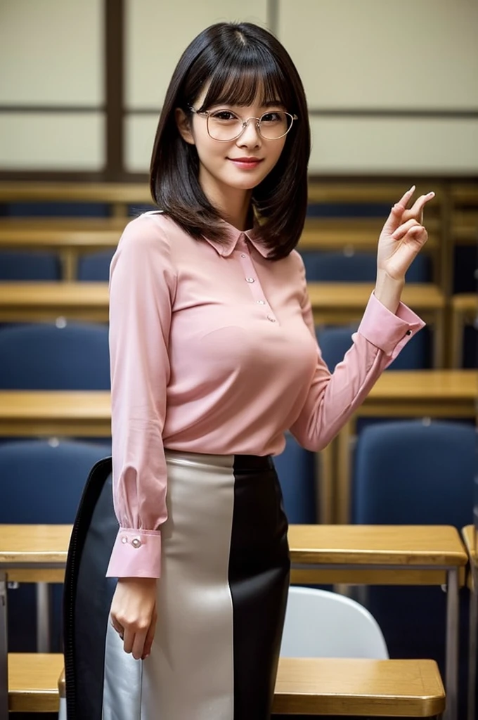 Adult feminine sex appeal、Sexy female scholar、University lecture hall, university psychology associate professor, ((full body)), ((photo)), ((best qualtiy, 8K, tmasterpiece:1.3)), Focus:1.2, perfect figure beautiful woman:1.41woman, cowboy shot, look at viewer, eyes facing the camera, incredibly absurd, beautiful and cute woman with a photorealistic face, showcasing top-quality craftsmanship, A Japanese woman giving a lecture at a university lecture hall, 27 years old, with a bob cut and flipped hair, short bangs swept at an angle, smooth and shiny hair, natural hairline, fair and smooth skin, plump and healthy cheeks, large, jet black eyes, round eyes, long and upward-facing eyelashes, double eyelids, thin and straight eyebrows, small and round nose, plump lips, upturned corners of the mouth, charming smile, cute face, glamorous, well-balanced proportions, tall, beautiful D-cup breasts, silver-rimmed glasses, pink blouse, black tight skirt, fashion with a waist-marked silhouette, scarf, heeled shoes, vanilla perfume, beautiful, pretty older woman, glasses suit her, knowledgeable, playful, curious, smart, elegant, November