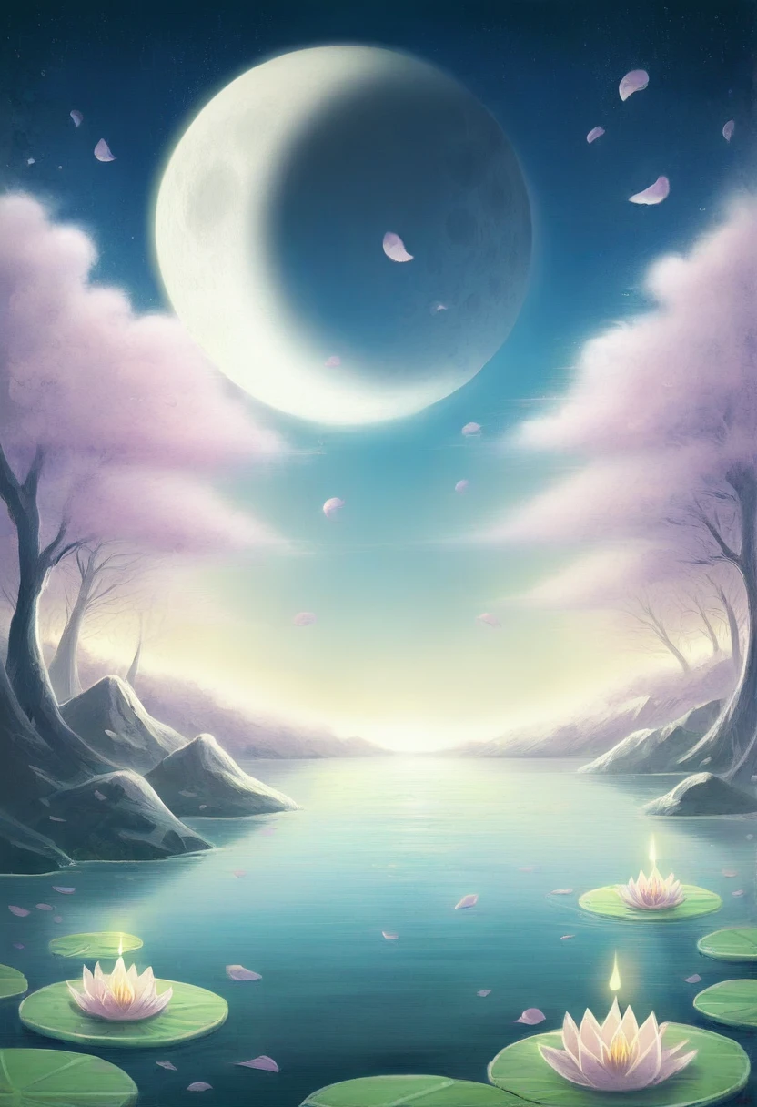 cinematic, (masterpiece), (best quality), (ultra-detailed), very aesthetic, illustration, perfect composition, intricate details, absurdres, (anime, masterpiece, intricate:1.3), (best quality, hires textures, high detail:1.2), (4k),(incredibly detailed:1.4)sss,
subsurface scattering,
hot spring, mist, rocks, Peony, glittery mist, moonlight, sky, lots of stars in the sky, water reflections of the night sky, lotus floating on water with candle, flower petals in the water, moon in the sky, Anime art style,