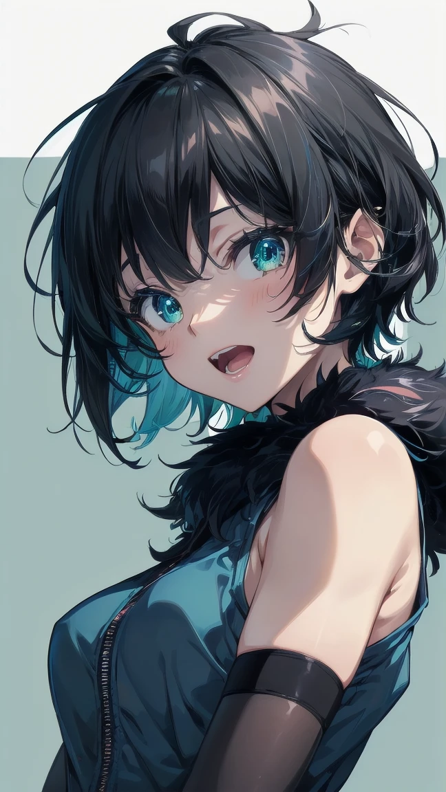 Close-up of a cartoon girl with blue hair and a yellow shirt, 2D Animation, 2D Animation style, 2D Art, 2D Art, 2D from Gorillaz, 2D from Gorillaz, 2D Gorillaz, Screaming Cerket, 2D Sprites, Jinx Face, short hair, Small breasts, hot pants, ((Black Hair, Bright blue fur inside:1.4))