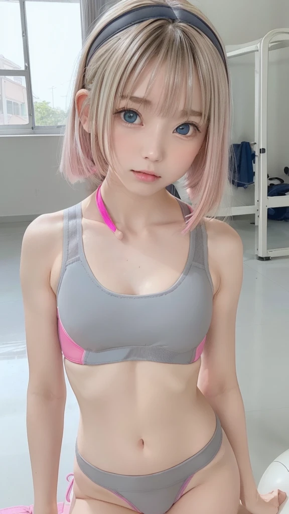 (((1 small cute girl/Very Small Flat Chest/whole body))),(((At the resort))),(((innocent))),(((Petite figure))),(((Big Blue Eyes))),(Lightroom:1.13)、Soft Light、(Natural Skin Texture:1.2)、(Hyperrealism:1.2)、Sharp Focus、Highest quality, Photorealistic, In 8K, High resolution, (Skin Dentition), (Portrait:0.6), Pure Eros Face_v1:1,(((A pure 10-year-old)))、Nice cute girl、(((pale gray and hot pink combination sports bra swimsuit/Small breasts:1.72))),((Dark blonde long straight hair/Hair band/Neckband, Parted bangs:1.7)), (((See through clothes))),(((Undersized clothing))),(((Revealing clothes))), (((Childlike)))、((())),(((In the pussy part pantyliner))),(((Leg Shot))),(((Very Small Flat Chest))),(((NSFW)))