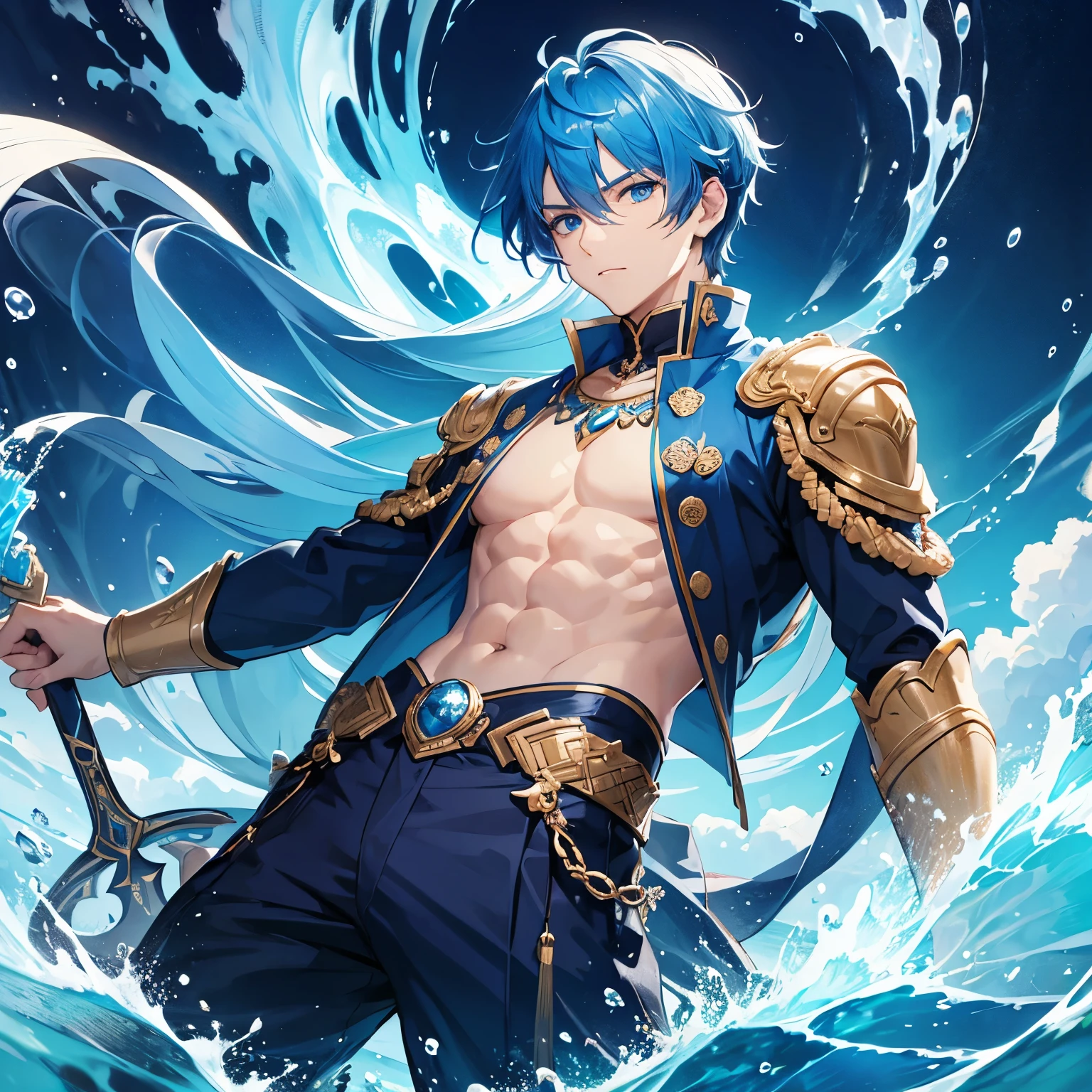 Masculine man, solo, alone, sea, deep blue hair, draconic blue scales on skin, pale skin, golden hunter eyes, navy blue horns curved backwards, serene expression, traditional clothes