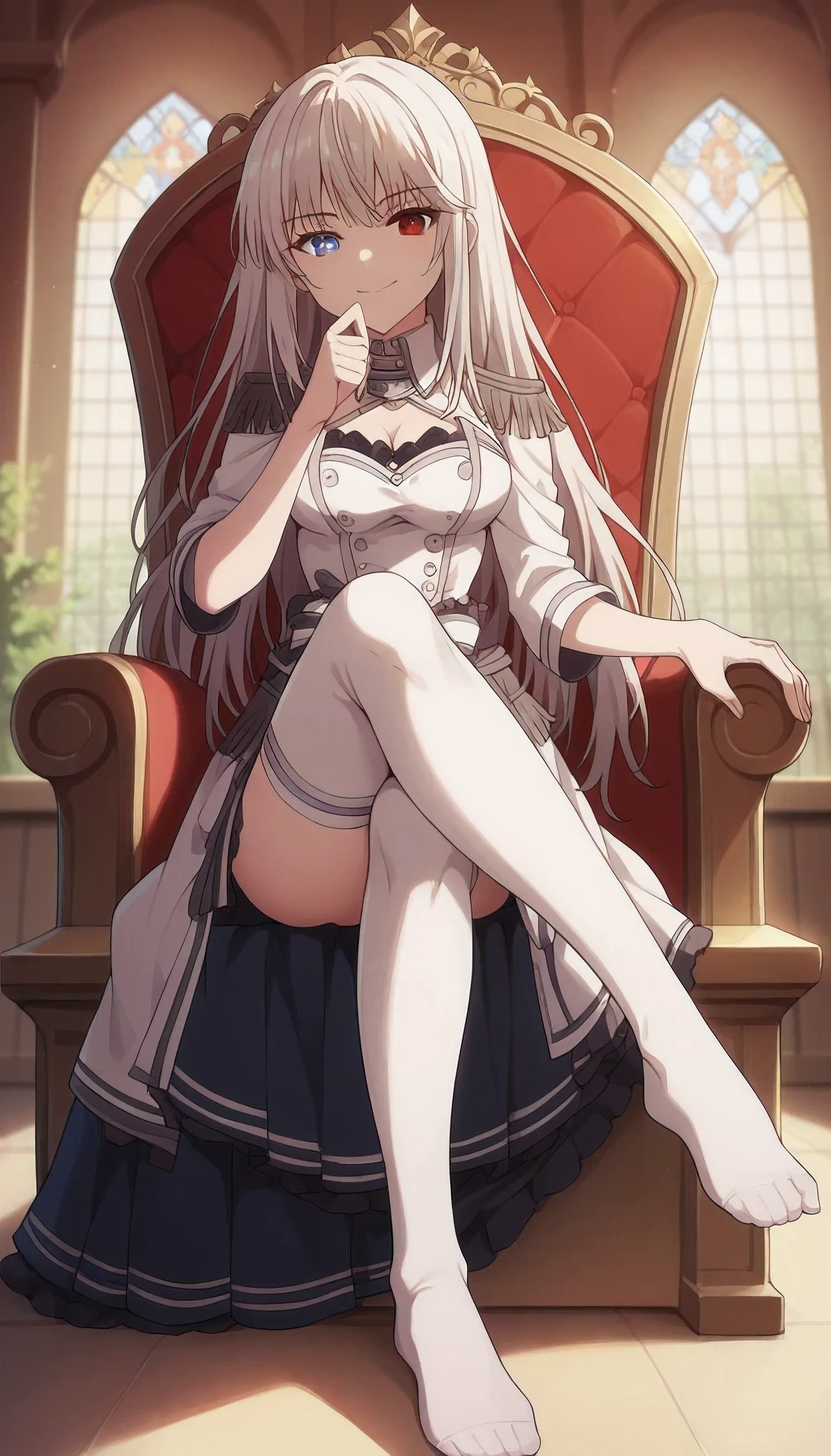 1girl, solo, full length, long hair, loose hair, medium breasts, looking at viewer, legs, hand, bangs, smile, heterochromia, red eyes, blue eyes, sitting, arrogant smile, legs, stockings, cleavage, indoors, on the throne, closed mouth, heterochromia, crossing legs, hand raised to mouth, one leg lies on the other, pov white stockings, detailed, best quality, 