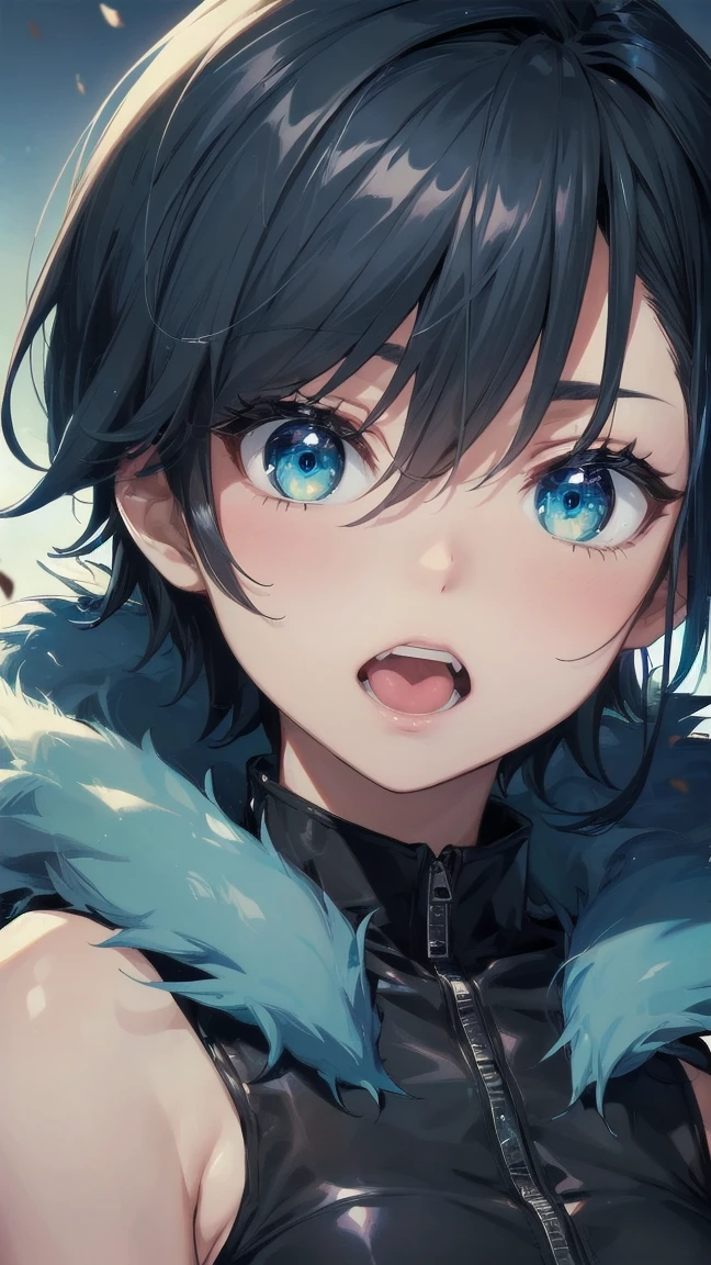 Close-up of a cartoon girl with blue hair and a yellow shirt, 2D Animation, 2D Animation style, 2D Art, 2D Art, 2D from Gorillaz, 2D from Gorillaz, 2D Gorillaz, Screaming Cerket, 2D Sprites, Jinx Face, short hair, Small breasts, hot pants, ((Black Hair, Bright blue fur inside:1.4))