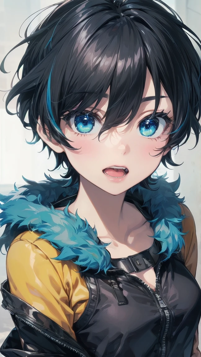 Close-up of a cartoon girl with blue hair and a yellow shirt, 2D Animation, 2D Animation style, 2D Art, 2D Art, 2D from Gorillaz, 2D from Gorillaz, 2D Gorillaz, Screaming Cerket, 2D Sprites, Jinx Face, short hair, Small breasts, hot pants, ((Black Hair, Bright blue fur inside:1.4))