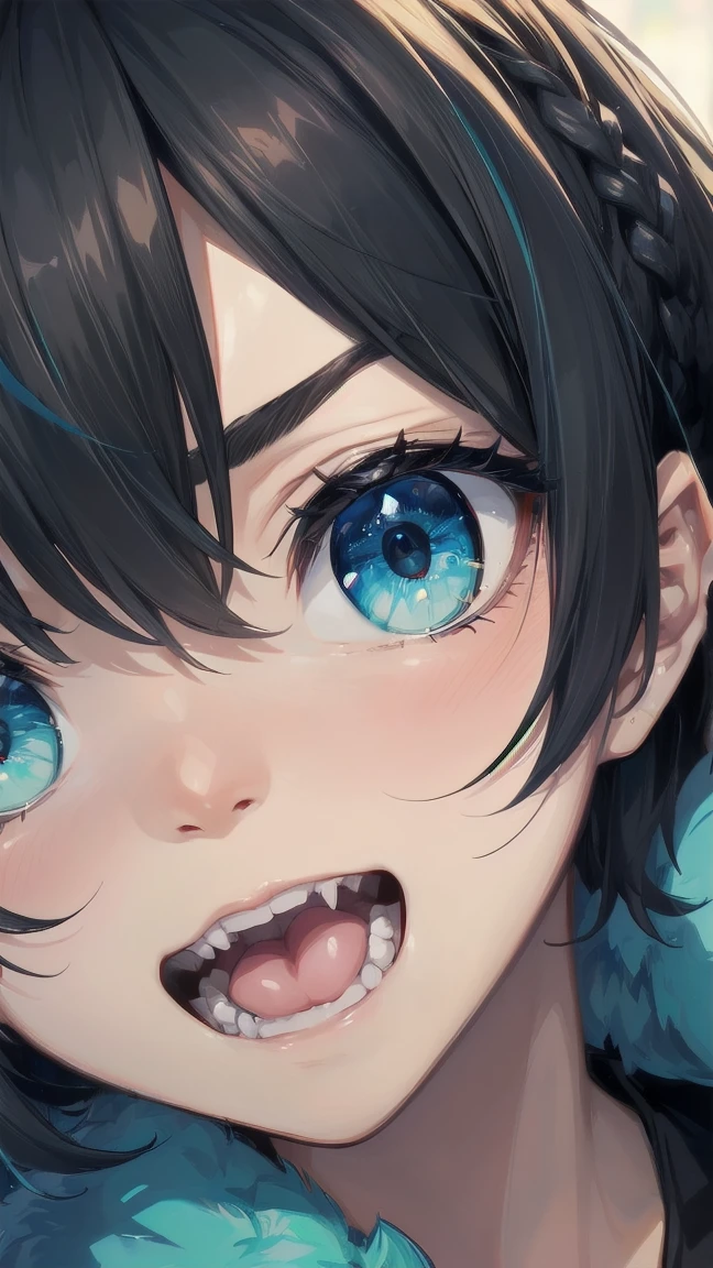 Close-up of a cartoon girl with blue hair and a yellow shirt, 2D Animation, 2D Animation style, 2D Art, 2D Art, 2D from Gorillaz, 2D from Gorillaz, 2D Gorillaz, Screaming Cerket, 2D Sprites, Jinx Face, short hair, Small breasts, hot pants, ((Black Hair, Bright blue fur inside:1.4))