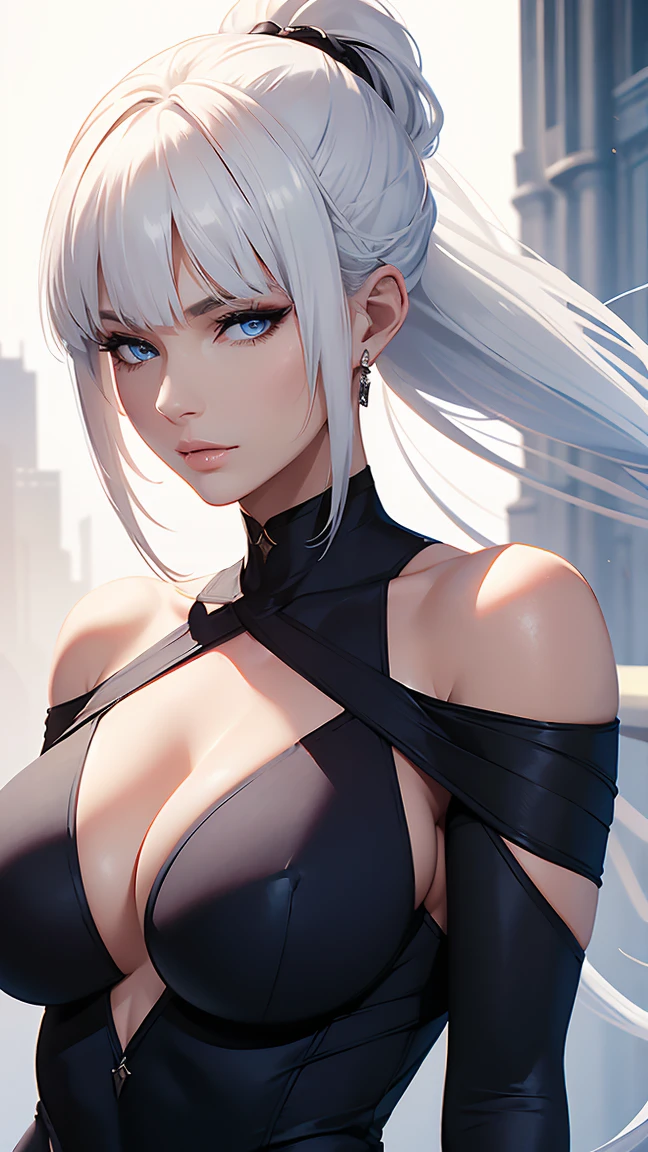 Upper body, Elegant mature woman, curvaceous, white hair, long ponytail, bangs, blue eyes, bare shoulder, long leggings, medieval, 4k resolution, high quality