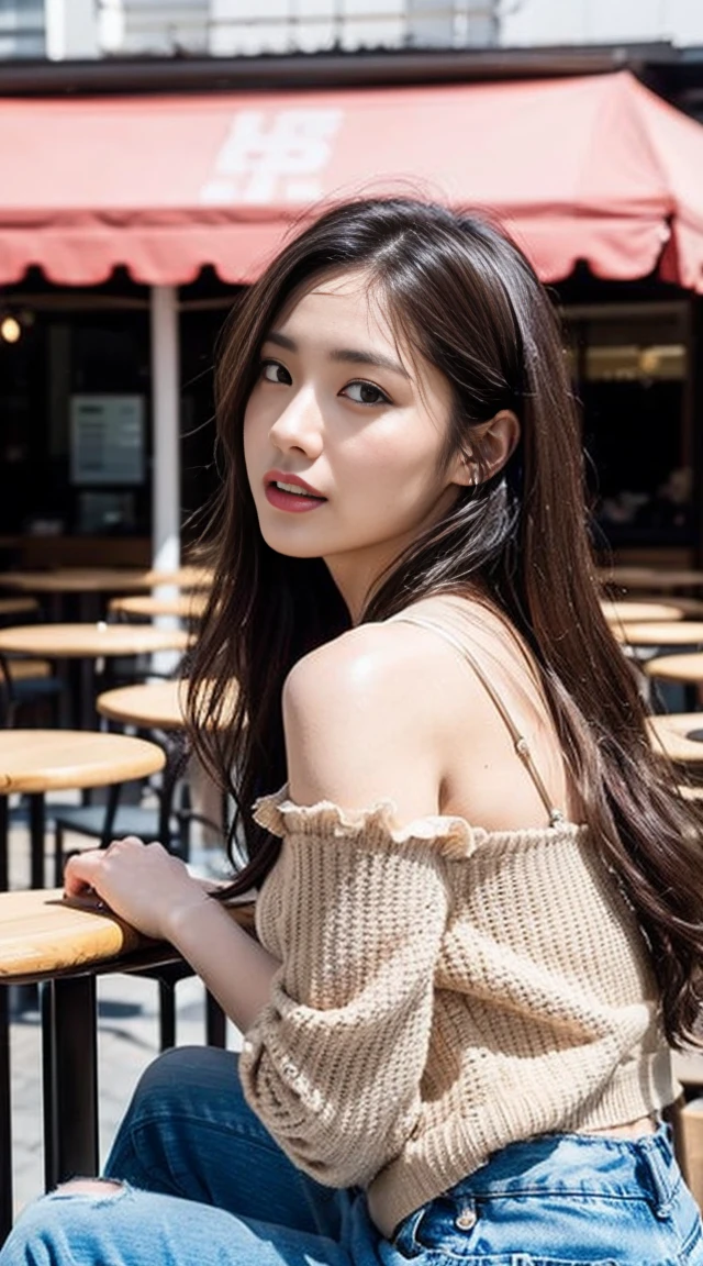 Dark brown hair、Light brown eyes、Japanese actress、 Lady、I am about 40 years old...........、(Intricate details:1.2)、 (Ultra-high resolution:1.2)、Ultra-high resolution、(Finely tuned)、(Detailed facial features)、Hmph、8K resolution、D cup size breasts、Long Hair、TulleTop、FrillsTop、Tulle　Frills　Top、Denim pants、At the terrace cafe、Basking in the sunshine、Sitting on a chair on the terrace、summer、hot、Trending Fashion、2024、Open your chin a little、Open your mouth a little、A street cafe in Paris、Fashionable cafes in Paris、The moment you stand up from your chair、Turn your ass towards me、Crouching、