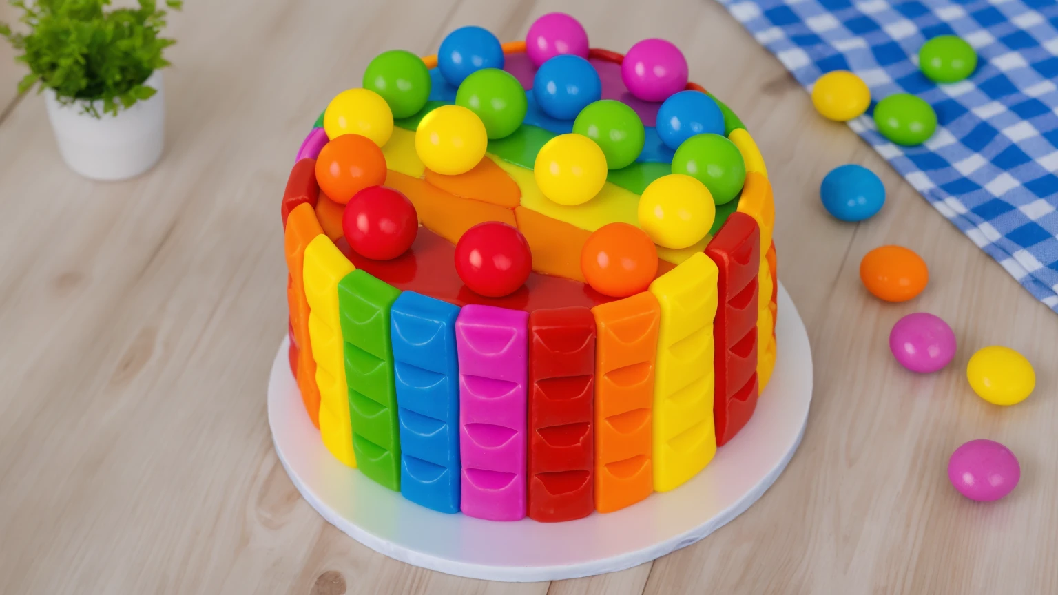 on a wooden table, cake on a white plate. rainbow chocolate bar cake, rainbow ganage on top, rainbow spheres made of polymer clay. there is a blue checkered tablecloth on the table. scattered rainbow jelly beans. there is a vase with a plant on a wooden table. Realistic style, realistic texture, detailed texture, bright lighting, Beautiful light from the window, high quality, A high resolution, macro photography, ultra hd 4k, Beautiful sunlight