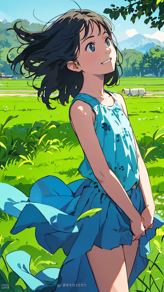 reasonable design, Clear lines, High Sharpness, (highest quality,8K,Perfect sharpness,Ultra fine,High resolution,masterpiece:1.2), Perfect Anatomy:1.5, Official Art, Illustrations that tell a story, (Whitish background:0. 9）、Body Positivity、More Mr.Physical expression、（Random and mischievous poses）、Perfect beauty、Perfect beautiful face、Strong winds、A rich expression、Dynamic composition、smile、Golden ratio composition、colorful、（Mr.Different angles and perspectives）、anime art、mini skirt、（Overcoming stereotypes）、 Glowing Skin、（Natural beauty）、smile、bangs、Straight Hair、（Soft and flowing hair）、（Rural Scenery）、（Nostalgic atmosphere）、Insert up to the thighs、（Playful and carefree）、（More Mr.Ethnic characters）、（innocent attitude）、（Sunny atmosphere）、Skirt flipped up、（Bright colors）、Belly button exposed、Beautiful Eyes、A skirt fluttering in the wind、Put it in to your feet、Some composition patterns、Tank top、ル、sensuous、Geometric pattern、