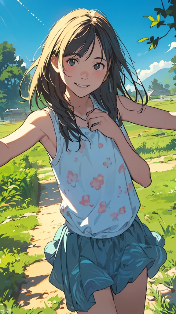 reasonable design, Clear lines, High Sharpness, (highest quality,8K,Perfect sharpness,Ultra fine,High resolution,masterpiece:1.2), Perfect Anatomy:1.5, Official Art, Illustrations that tell a story, (Whitish background:0. 9)、Body Positivity、More Mr.Physical expression、(Random and mischievous poses)、Perfect beauty、Perfect beautiful face、Strong winds、A rich expression、Dynamic composition、smile、Golden ratio composition、colorful、(Mr.Different angles and perspectives)、anime art、mini skirt、(Overcoming stereotypes)、 Glowing Skin、(Natural beauty)、smile、bangs、Straight Hair、(Soft and flowing hair)、(Rural Scenery)、(Nostalgic atmosphere)、Insert up to the thighs、(Playful and carefree)、(More Mr.Ethnic characters)、(innocent attitude)、(Sunny atmosphere)、Skirt ped up、(Bright colors)、Belly buttxposed、Beautiful Eyes、A skirt fluttering in the wind、Put it in to your feet、Some composition patterns、Tank top、ル、sensuous、Geometric pattern、