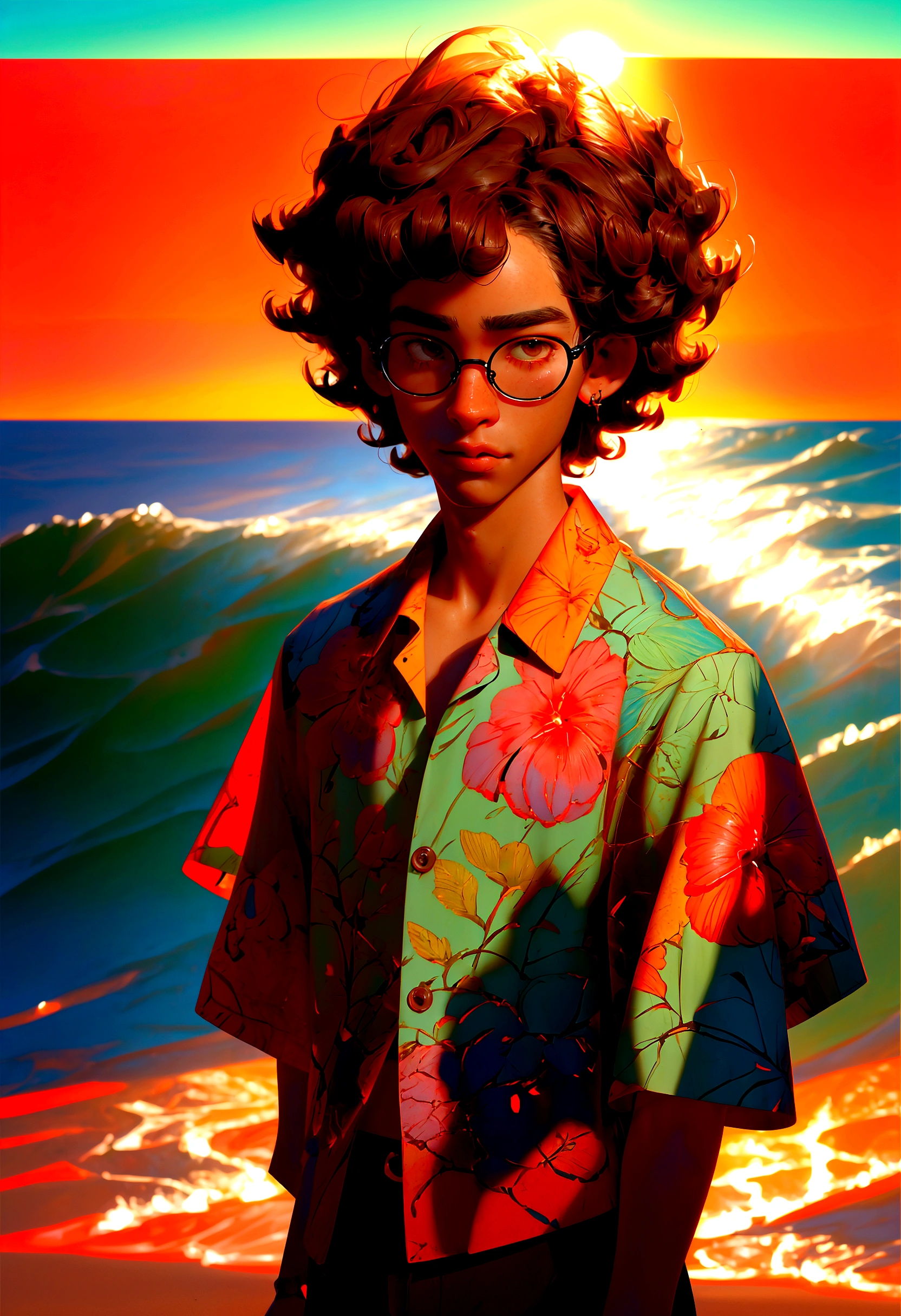 close shot a man with short curly hair wearing a hawaiian shirt and glasses, standing on a beach in warm sunlight, highly detailed, digital art, anime style, 8k, best quality, masterpiece, vibrant colors, dynamic lighting, intricate details, beautiful scenery, serene atmosphere, mid shot, zoom shot