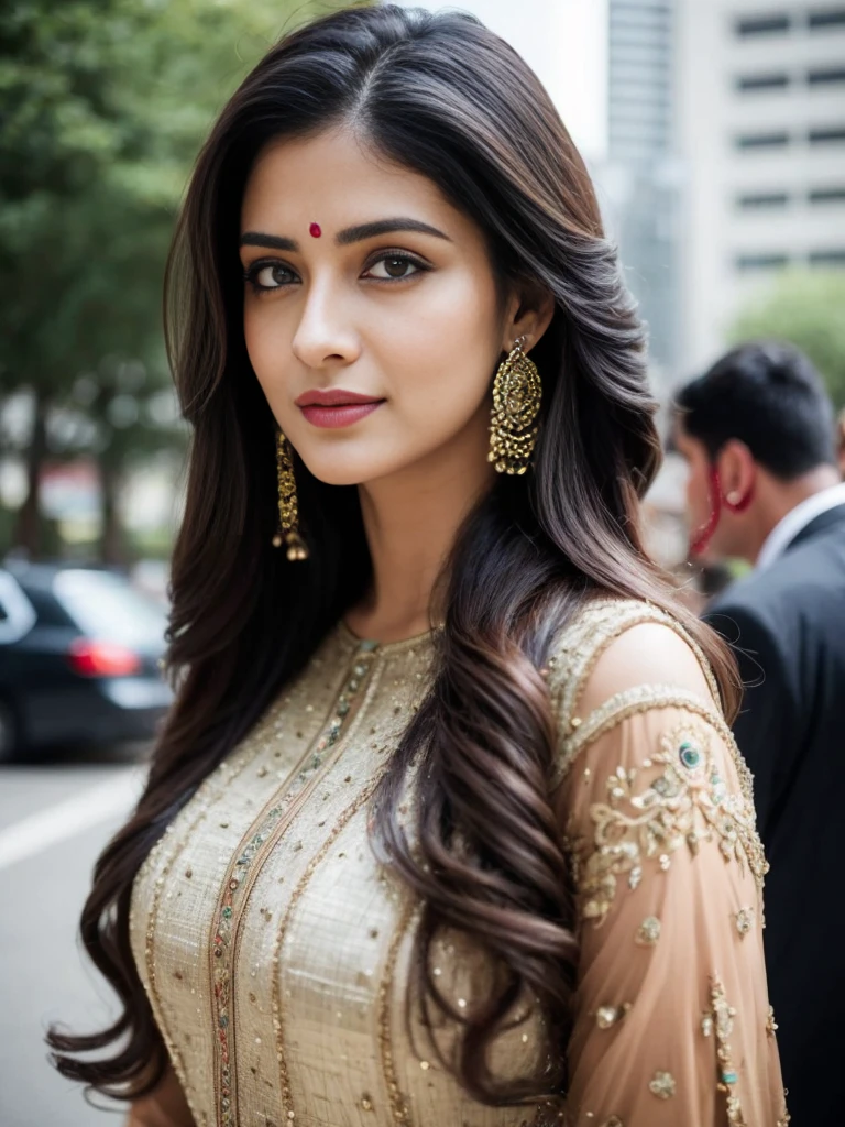 A confident-looking indian woman with long flowing hair, hazel and brown eyes, with flowing see-through salwar suit, c-cup breast on street, some people in background,bokeh perfect composition, hyperrealistic, super detailed, 8k, high quality, trending art, trending on artstation, sharp focus, photo shoot, intricate details, highly detailed, red bindi between eyebrows,