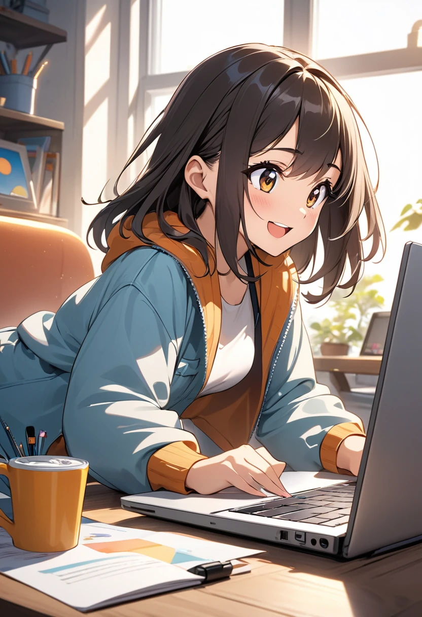 Cartoon characters Working with a laptop Video editing Fun atmosphere Girl characters