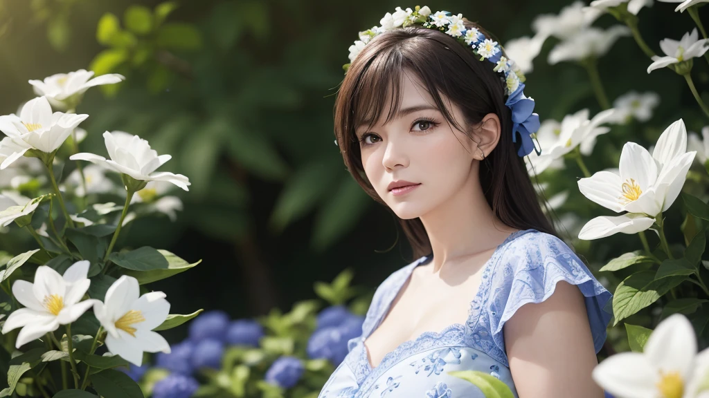 (Absurd,Ultra-high resolution,Super detailed),(Blue and white),Mature Woman,Bust photo,Surrounded by flowers,Blurred flower background,(Blurred:1.3,Soft Lighting:1.4,Cinematic light:1.4)