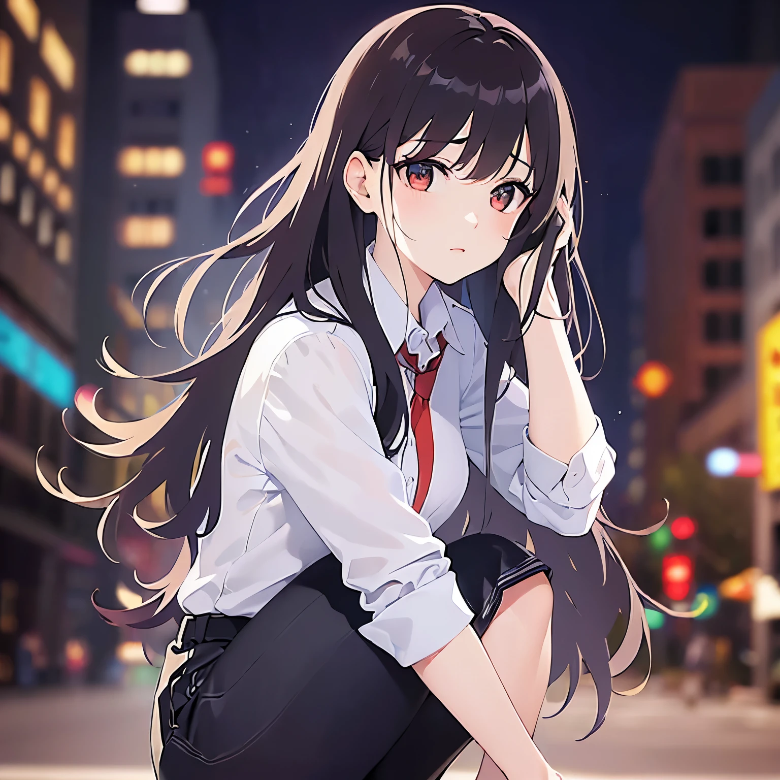 (looking away:1.5),full Body, Realistic, real person, (pale skin: 1.2), RAW photo, photorealistic, shiny skin, shiny hair、 (A 25-year-old woman with bob hair and bangs) and (wavy hair) and (brown hair) and (Orange Eyes)、(business suit:1.5)and (Wearing a white collared shirt)、 ,crying with eyes open,crouching、(Background is a park at night:1.5)