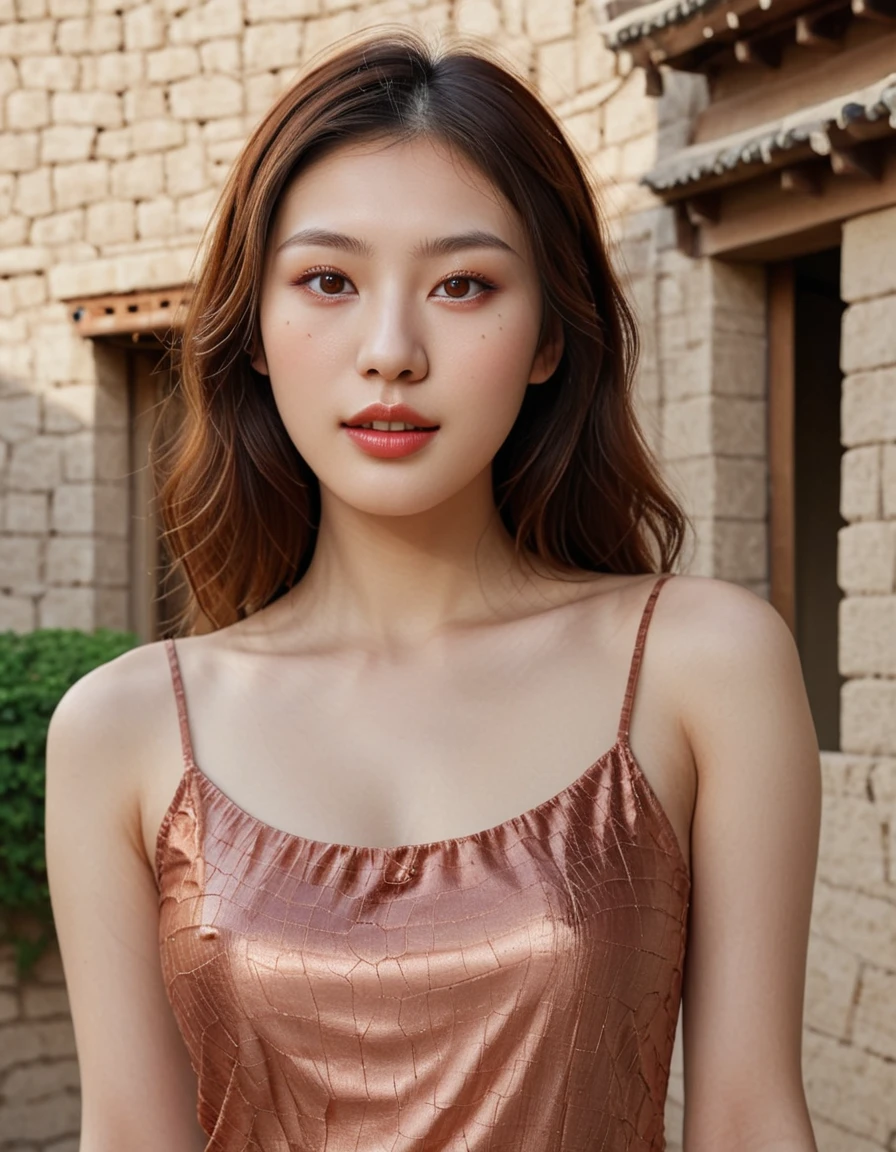 References: (Imada Mio: 0.9)

Hyperrealism, Photorealistic, Masterpiece, Realistic

Focus: Soft Focus, Sharp Focus, Super Detail

Lighting: Backlight, Diffused soft lighting, Shallow depth of field

Subject: Photos of young Japanese women named Haruka Xuan Anh, 28 years old.

Appearance:
Ultradetailed elegant, beautiful face, (heart shape face:1.0)
Detailed skin, skin texture
Nature makeup, igari makeup
White skin, natural face, oval face
Double eyelids, soft brown straight eyebrowns,
(Long deep copper brown soft waves hair:1.0)
Faint thin bangs
(Black eyes:1.4), beautiful eyes, (downturned eyes: 1.4)
Stunningly beautiful, stunningly gorgeous
Slim body
Pale skin, Textured skin, imperfect skin, (mole:1.2)
Soft reddish skin
Perfect round lips, small mouth,
close-mouth, happy, cheerful
Beautiful fingers, beautiful hands

Clothing: Casual long Sleeveless Tunic,

Pose and Setting: castle background, 

Additional Details:
Detailed clothes
Highest-quality, High detailed photo, Ultra detailed eyes
True-Life, Raytracing, Subsurface scattering