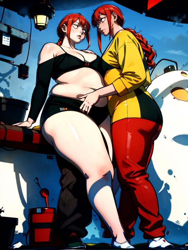 Le personnage Makima de la série animée Chainsaw Man, fragile, obésité morbide, ssbbw, pleine longueur (corps entier 1.1.), fond sombre, obscurité, anatomie correcte 1.1, anatomie correcte de la main, Très féminin, corps gras et rond, grosses Jambes, fesses, beau corps obèse, ventre rond et mou très gras, cheveux roux, Yeux oranges, Cercles rouges pour les écoliers, chemise blanche, jupe noire, cravate noire, pose sexy, réaliste, very détaillé, beau corps, détaillé body, détaillé hands, détaillé, vibrant, détaillé Face, Conception des personnages de Makima. very détaillé, détaillé body, détaillé hands, détaillé Face, Art animé, Hugh Détails, Visage très abattu, détaillé eyes, Illustration ultra fine, Meilleure ombre, détail fin, beautiful détaillé glow, beautiful détaillé, Extraordinairement beau, extremely détaillé, inexpressif, composition épique, Style animé. art animé, Style animé. Jupe noire, chemise blanche, cravatte, pose sexy. Double menton, visage très gras, grosses joues, joues potelées