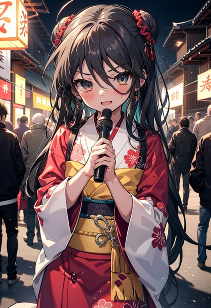 Shana,灼眼のShana,Long Hair, Redhead, Red eyes,Ahoge,smile,blush,Open your mouth,Hair Bun, single Hair Bun,blush,Red Kimono,Thick sleeves,Red long skirt,日本のfestival,夏festivalの屋台,Red lantern,　　　　　　　　　　　break looking at viewer, Upper Body,  　　　　　　　break outdoors, shrine,festival, 　　　　　　　　　　　　　break (masterpiece:1.2), Highest quality, High resolution, unity 8k wallpaper, (shape:0.8), (Beautiful and beautiful eyes:1.6), Highly detailed face, Perfect lighting, Highly detailed CG, (Perfect hands, Perfect Anatomy),