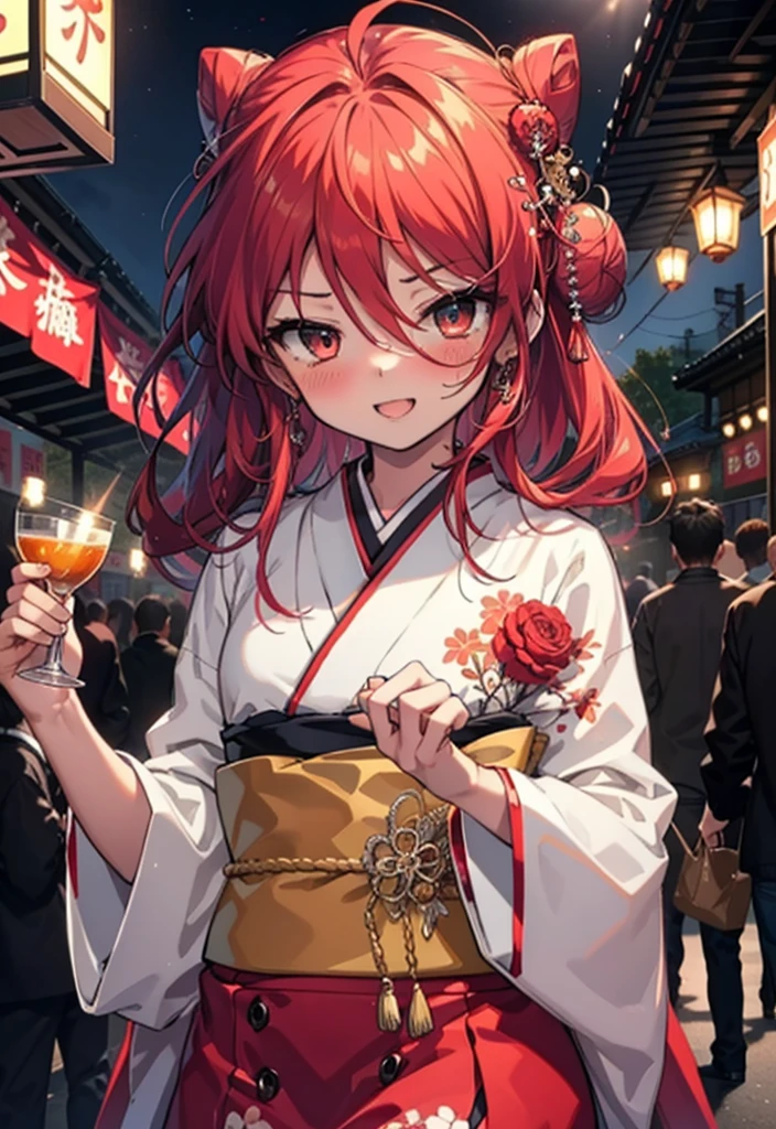 Shana,灼眼のShana,Long Hair, Redhead, Red eyes,Ahoge,smile,blush,Open your mouth,Hair Bun, single Hair Bun,blush,Red Kimono,Thick sleeves,Red long skirt,日本のfestival,夏festivalの屋台,Red lantern,　　　　　　　　　　　break looking at viewer, Upper Body,  　　　　　　　break outdoors, shrine,festival, 　　　　　　　　　　　　　break (masterpiece:1.2), Highest quality, High resolution, unity 8k wallpaper, (shape:0.8), (Beautiful and beautiful eyes:1.6), Highly detailed face, Perfect lighting, Highly detailed CG, (Perfect hands, Perfect Anatomy),