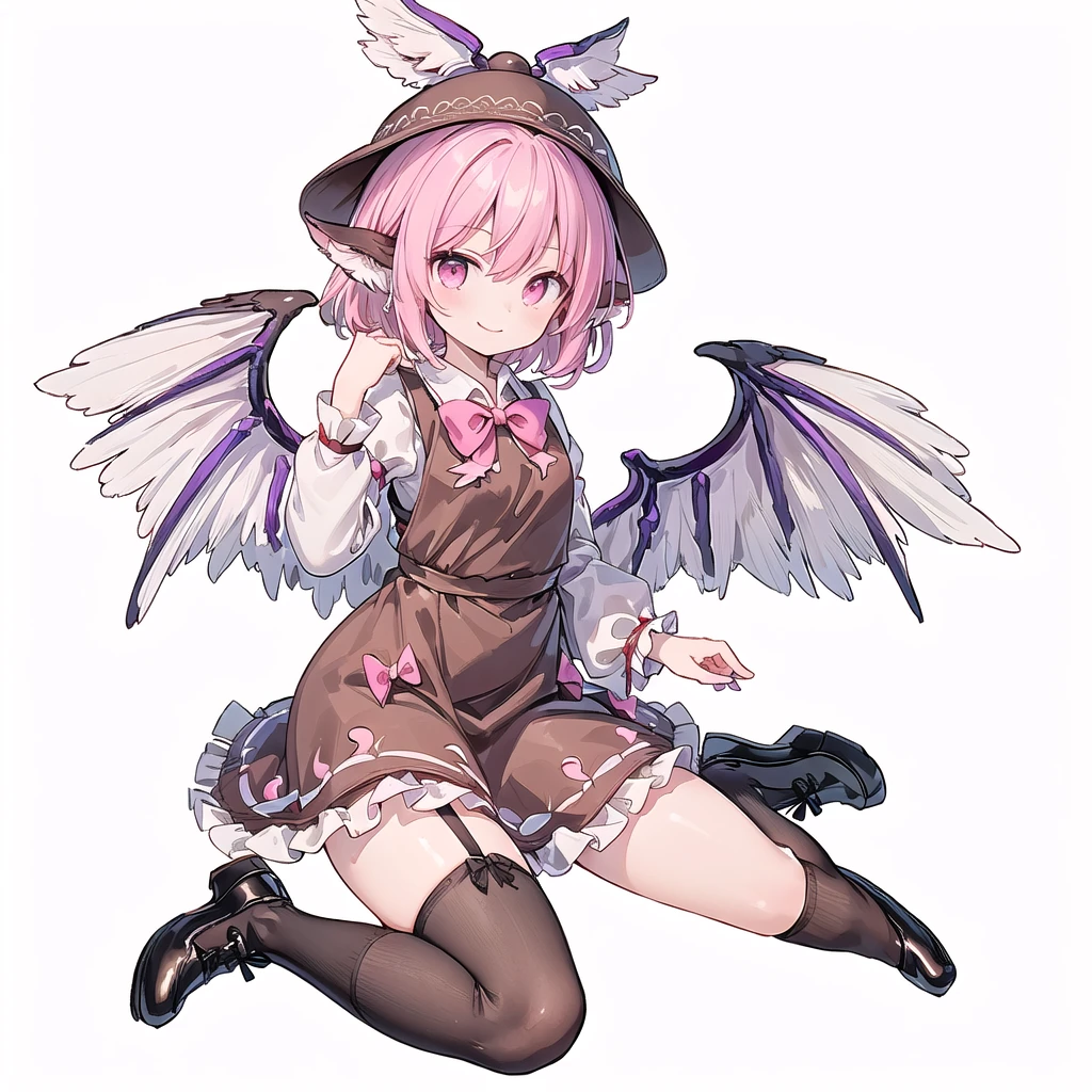 (((one girl))),(((mystia lorelei))),(((touhou))),(((short hair,pink hair))),(((pink eyes))),(((very small bird wings,feathered wings,white wings))),(((bird ears))),(((brown headwear, hat))),(((brown dress,pinafore dress,white shirt,collared shirt,dress bow,pink bow,long sleeves,frilled sleeves,sleeve garter, brown legwear,kneehighs,black footwear,winged hat,winged footwear))),(((smile))),(((full body))),(((arm behind head))),(((wariza))),(((simple white background))),(((from front)))