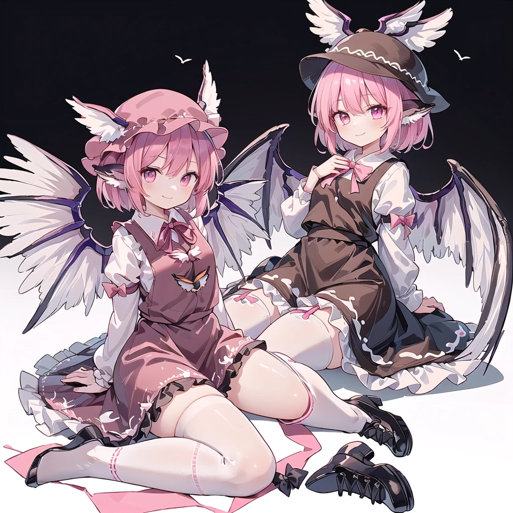 (((one girl))),(((mystia lorelei))),(((touhou))),(((short hair,pink hair))),(((pink eyes))),(((very small bird wings,feathered wings,white wings))),(((bird ears))),(((brown headwear, hat))),(((brown dress,pinafore dress,white shirt,collared shirt,dress bow,pink bow,long sleeves,frilled sleeves,sleeve garter, brown legwear,kneehighs,black footwear,winged hat,winged footwear))),(((smile))),(((full body))),(((arm behind head))),(((wariza))),(((simple white background))),(((from front)))