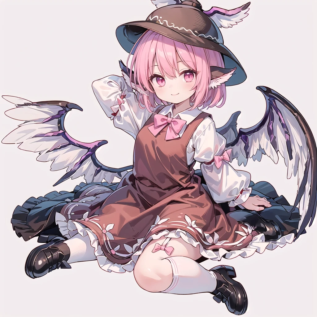 (((one girl))),(((mystia lorelei))),(((touhou))),(((short hair,pink hair))),(((pink eyes))),(((very small bird wings,feathered wings,white wings))),(((bird ears))),(((brown headwear, hat))),(((brown dress,pinafore dress,white shirt,collared shirt,dress bow,pink bow,long sleeves,frilled sleeves,sleeve garter, brown legwear,kneehighs,black footwear,winged hat,winged footwear))),(((smile))),(((full body))),(((arm behind head))),(((wariza))),(((simple white background))),(((from front)))