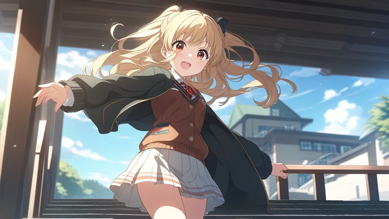 anime girl in a short skirt and jacket walking down a flight of stairs, anime visual of a cute girl, young anime girl, cute anime girl, attractive anime girl, blonde anime girl with long hair, anime style 4 k, smooth anime cg art, beautiful anime high school girl, an anime girl, high quality anime artstyle, beautiful anime girl, pretty anime girl