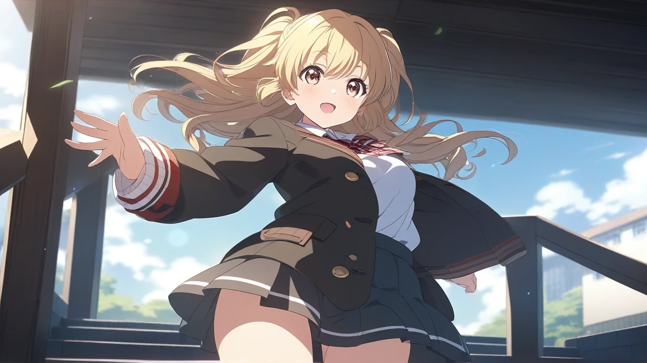 anime girl in a short skirt and jacket walking down a flight of stairs, anime visual of a cute girl, young anime girl, cute anime girl, attractive anime girl, blonde anime girl with long hair, anime style 4 k, smooth anime cg art, beautiful anime high school girl, an anime girl, high quality anime artstyle, beautiful anime girl, pretty anime girl