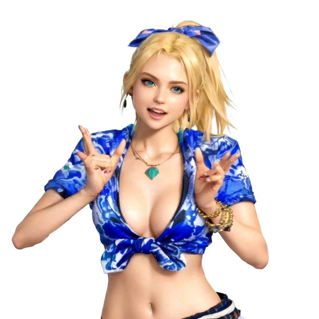 a close up of a blonde girl with a shirt, she's stretching her hands towards the camera as to take it and kiss it, she's American, green eyes, as a character in Out Run 2, of SEGA, 3D CG, Clarissa, 2k, 2 k, she has THREE GOLD simple round bracelets on her left wrist, she has mouth wide open as to joyfully shout "WOW", realistic, render of april, fighting game character, nina from tekken, shirt has some hawaiaan motif on it, she has a foulard tied over her head like a ribbon, she wears no bra, she has a golden necklace with a jade stone, jade drop earrings