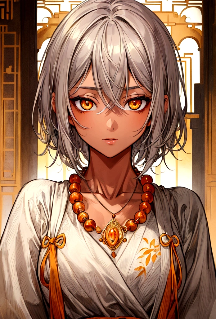 masterpiece, best quality, Perfect face, Maximum resolution, best quality,Detailed depiction of the eyes, 1 girl, young, deep tan skin, Gray hair, short hair, Upturned eyes, Yellow-orange eyes, Perfect anatomical structure, Arab, Ribbon necklace, Arab城市