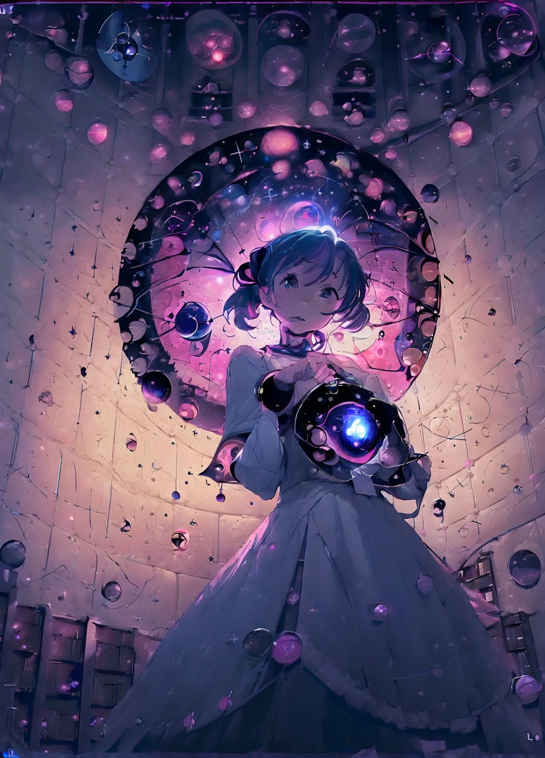 (masterpiece、Highest quality、Highest quality、Official Art、Beautiful and beautiful:1.2)、(One girl:1.3)Hatsune Miku、Twin tails,Beautiful breasts,(In 8K, Highest quality, Tabletop:1.2, Ultra-detailed:1.2), (Realistic:1.5,Realistic:1.2,Dutch Angle:1.2, Browsing Caution), High resolution, Best lighting,Best Shadow, (1 cute girl:1.3),(17yo:1.2),(((1. A tiny, very shiny, blue magic ball with a pink aura floating in the palm of your hand:1.8,Palm facing up:1.8))),((Brown hair with ribbon:1.5,ショートTwin tails:1.2)),Face Focus,(((Detailed black eyes:1.6,Best Hand:1.5,The best finger:1.5,Best body:1.5))),
break
, Magical girl, Light manipulation,
break
, Photo Editing, The reality has changed, Fantastic scene, Digital art, Creative Editing, moving story, Impressive visuals,(((Magic Workshop:1.2,1 bookshelf:1.2,A dimly glowing book:1.5,The ceiling and walls are like a planetarium:1.8))),
break
, Filmography, Dynamic Movement, Engineering ingenuity, Captivating visuals