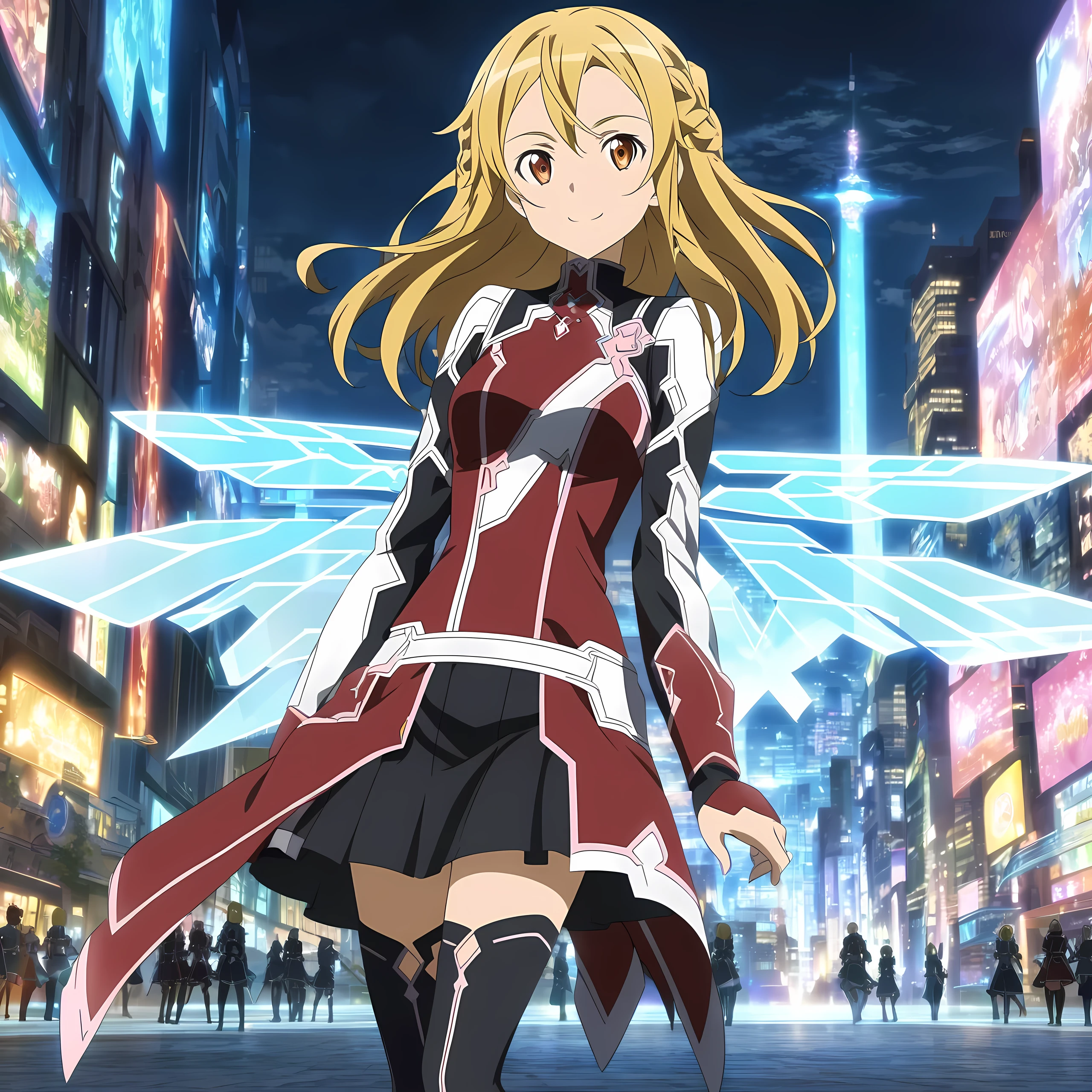 Red outfit, white and Black Outfit, Black And Red Skirt, Black long Boots, Yellow Hair, Long Hair, Orange eyes, Smile, braid hair style,hologram wing, effect, Anime Style, Sword Art online Style,City Background Future, HD