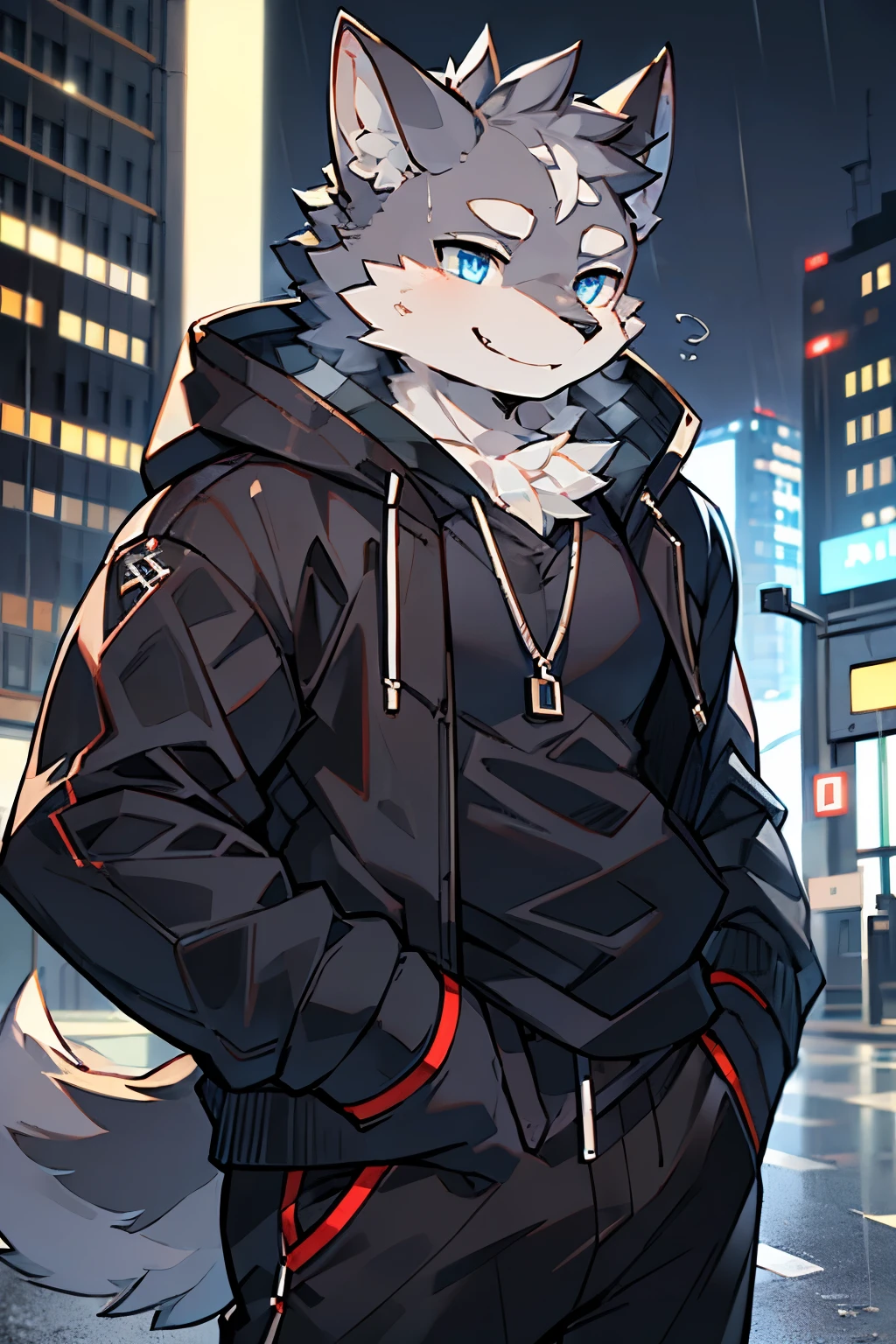 Exquisite lines，best quality。Strong body，male，Gray fur,grey ears,Black sweatshirt and trousers, City community entrance background at night,To the sky,Smile,Happy Mood,In the rain，blue eyes，Wolf Orc