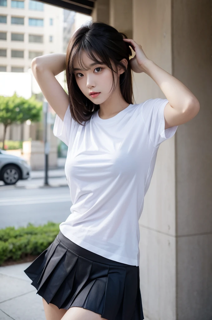 (In the back alley)、(beautiful girl, Baby Face:1.3)、One person、((Only wearing an oversized T-shirt:1.3))、Slender body line, Small and slender figure、((Beautiful small face, Sexy look, blush))、(Beautiful breasts, Upward bust), Small beautiful butt, Thin thighs, Short pigtails、(Detailed eyes and face:1.3, Professional photography techniques, Cinema Lighting), (Highest quality, 8K, masterpiece:1.2, RAW Photos), (Photorealism:1.2), ((While kneeling, Pose with hands close to mouth:1.2)), (Detailed lips and hands:1.2)
