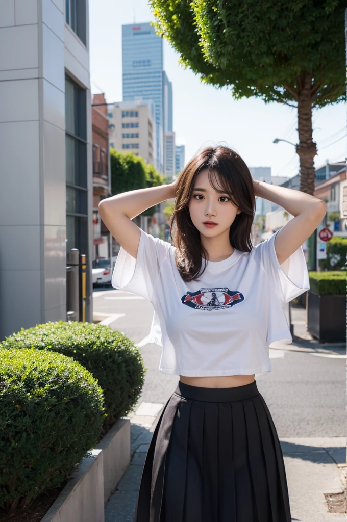 T-shirt,pleated skirt,put hands behind head,large breasts,cool face,medium hair,outdoor