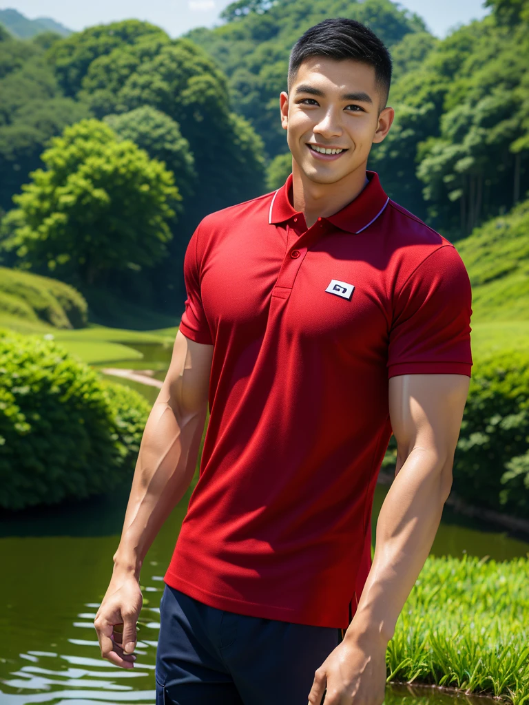 (Create a masterpiece: 1.2),(CGI art:1.3),(realistic:1.5),(After processing:1.3),(Sharp focus:1.3),10,1 man, smile, (Wear a crimson polo shirt.), Navy cargo pants, Korean guy , korean men, (High gloss details), chest muscles, large arm muscles, blood vessel, Big muscles, Broad shoulders, looking at the audience, Balancing the eyes, rice field