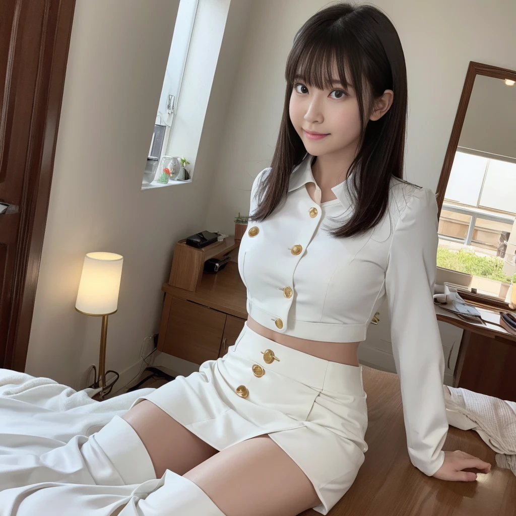 (from below:1.3)、(elite , green, White and gold uniform, White Skirt, White top, green Ribbon, Gold Button, Golden Shoulder Massage、Ass、Black Hair、Big Ass、classroom、Micro Mini Skirt)、Extremely sexy、Glamorous Body、smile、Professional Lighting、Impressive body curves、Beautiful adult woman、Captivating thighs、Very large breasts、Cowboy Shot