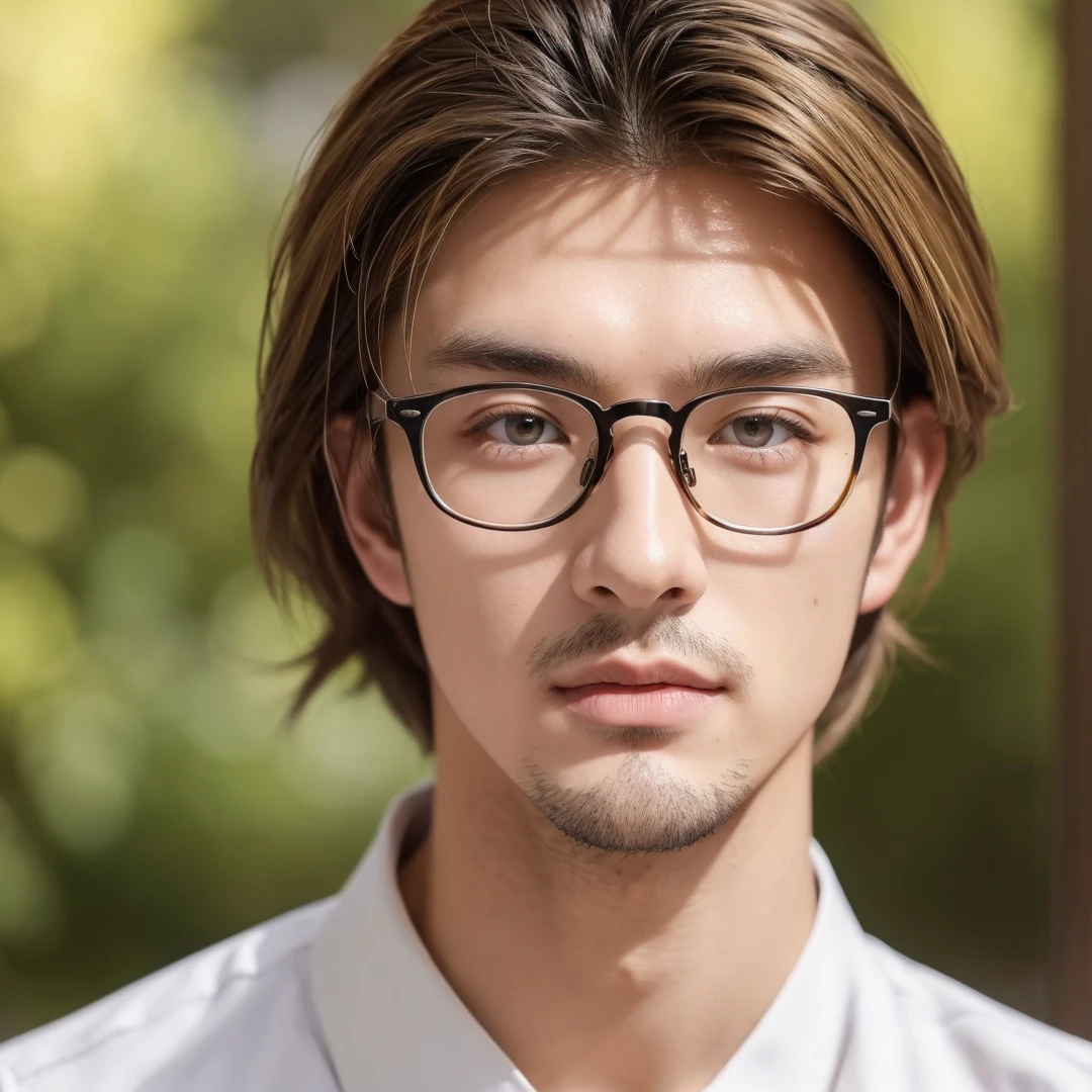 Handsome British mix Japanese guy, dark blonde hair, hazel eyes, 20 years old, eyeglasses 