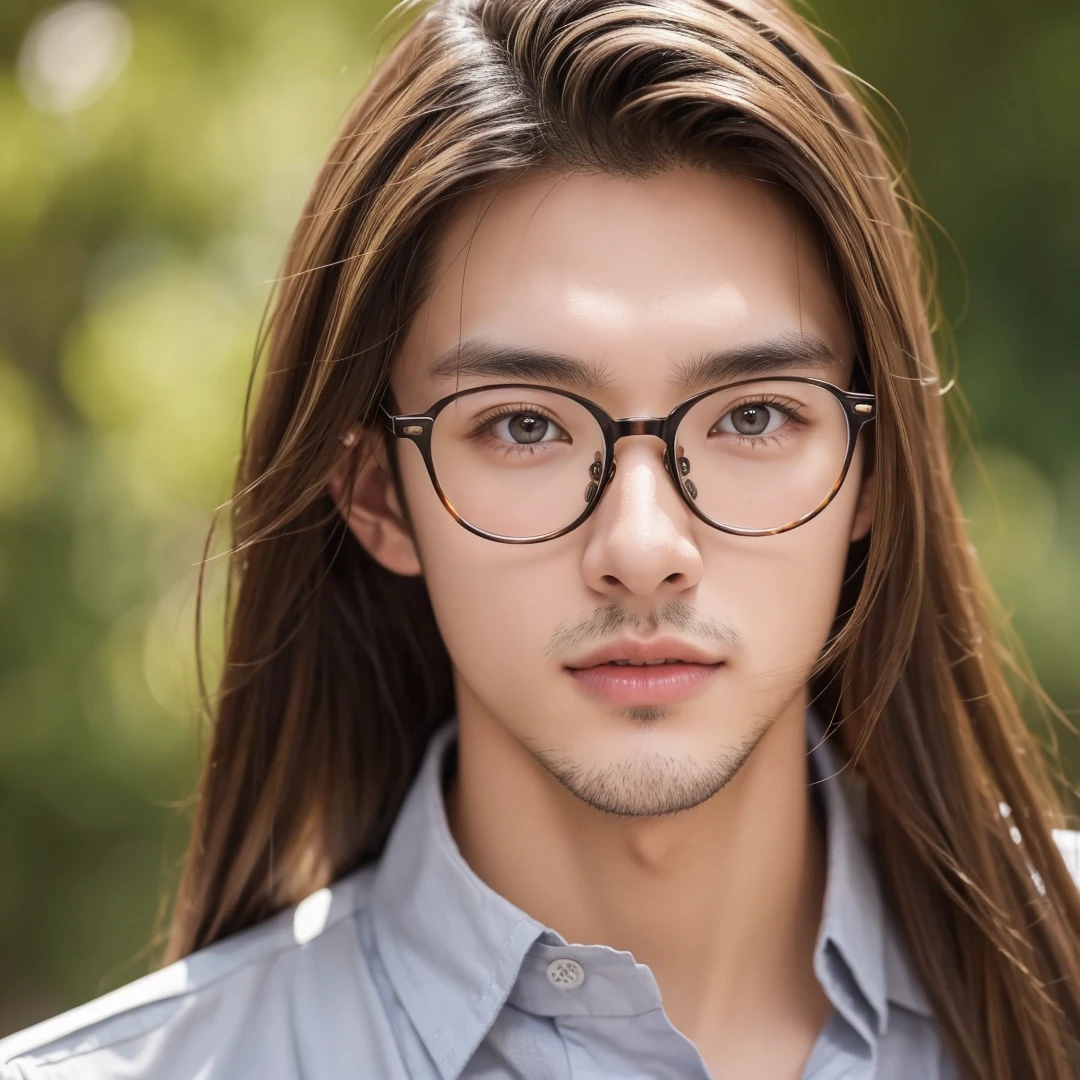 Handsome British mix Japanese guy, dark blonde hair, hazel eyes, 20 years old, eyeglasses