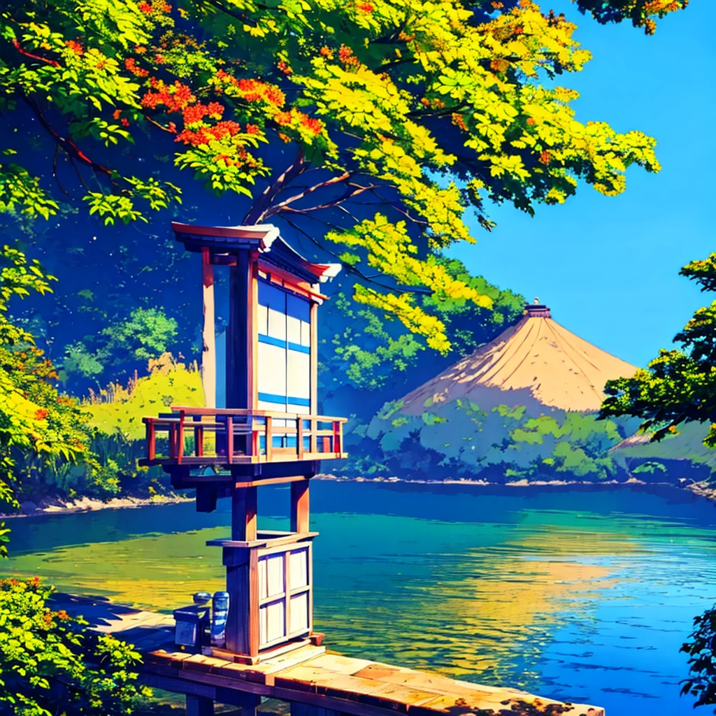 Japanese summer, nostalgic, a girl in a standing, blue sky, light touch, thin line