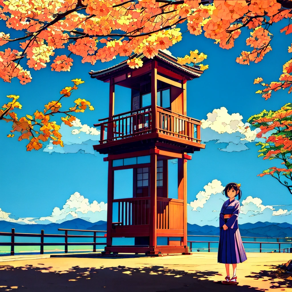 Japanese summer, nostalgic, a girl in a  standing, blue sky, light touch, thin line