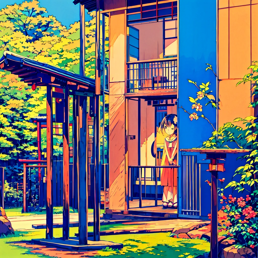 Japanese summer, nostalgic, a girl in a  standing, blue sky, light touch, thin line