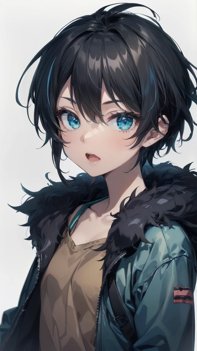 Close-up of a cartoon girl with blue hair and a yellow shirt, 2D Animation, 2D Animation style, 2D Art, 2D Art, 2D from Gorillaz, 2D from Gorillaz, 2D Gorillaz, Screaming Cerket, 2D Sprites, Jinx Face, short hair, Small breasts, hot pants, ((Black Hair, Bright blue fur inside:1.4))