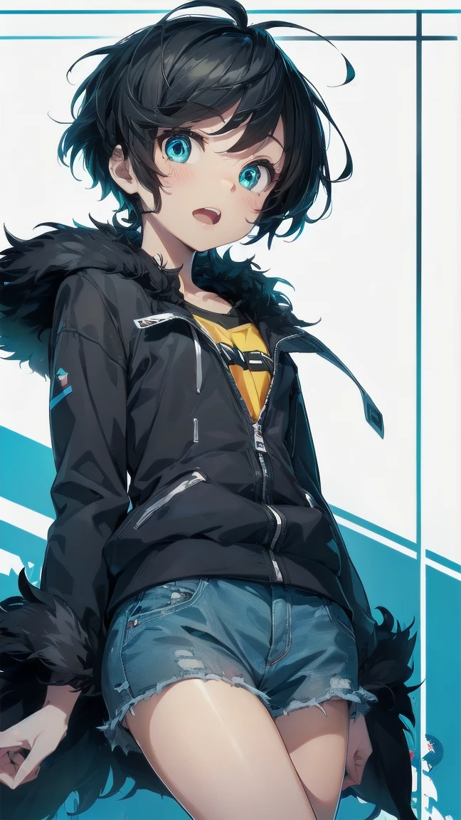 Close-up of a cartoon girl with blue hair and a yellow shirt, 2D Animation, 2D Animation style, 2D Art, 2D Art, 2D from Gorillaz, 2D from Gorillaz, 2D Gorillaz, Screaming Cerket, 2D Sprites, Jinx Face, short hair, Small breasts, hot pants, ((Black Hair, Bright blue fur inside:1.4))