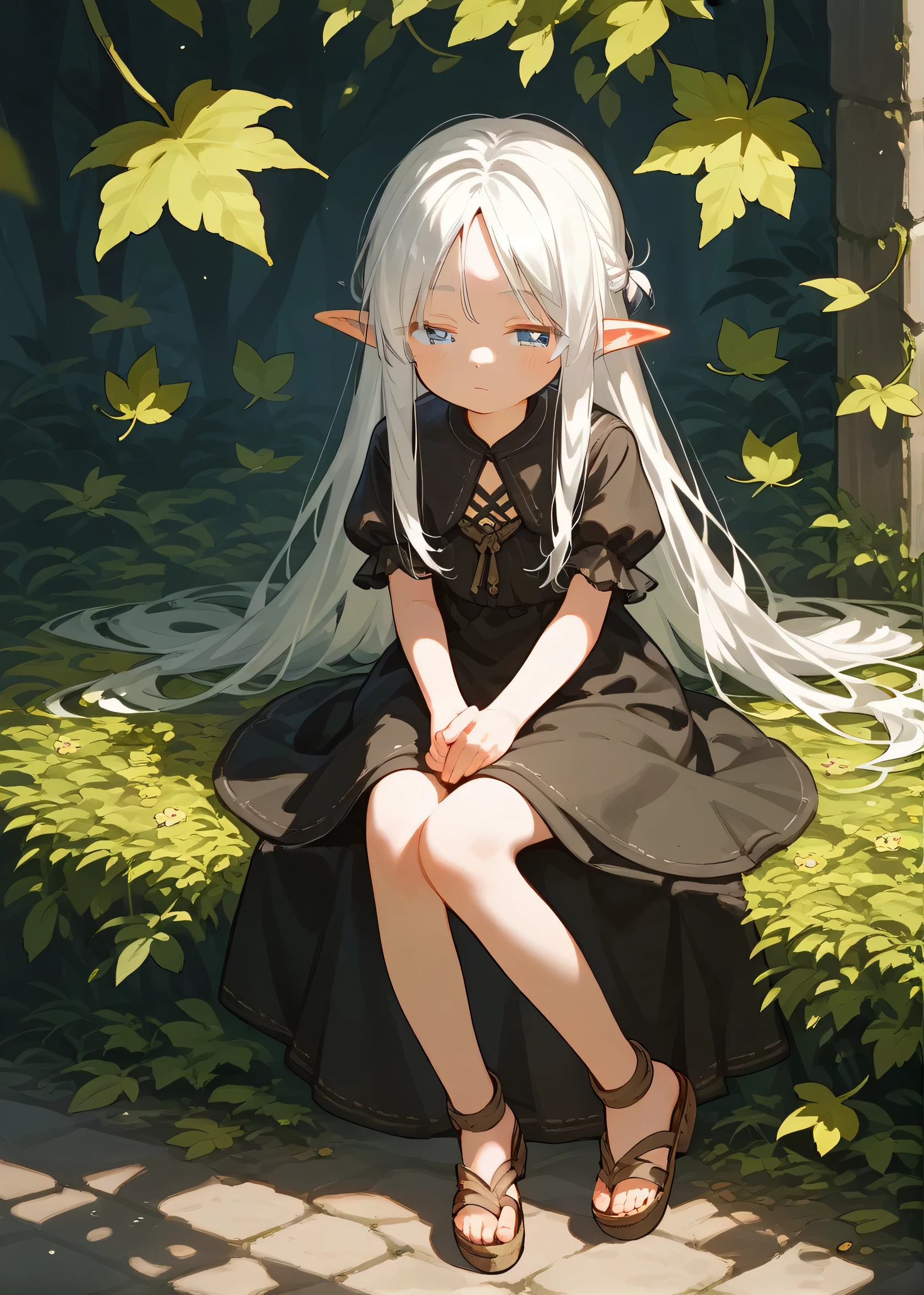 score 9, score 8 up, score 7 up, , young girl, Leaves, detailed background, 
White hair, blue eyes, half-closed eyes, emotionless, dark dress, cute sandals, elf ears